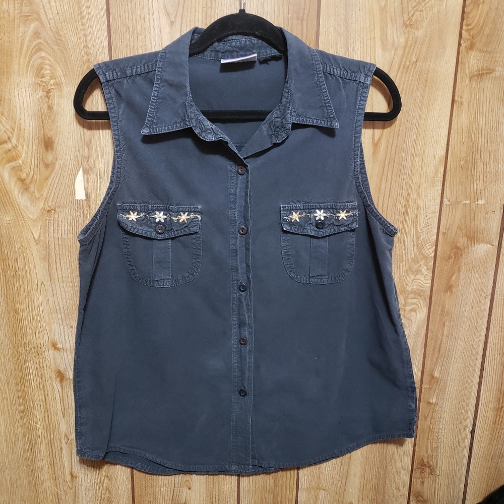 Sleeveless Top Cotton Black  Collared Button Down Embroidery Lg Cowgirl